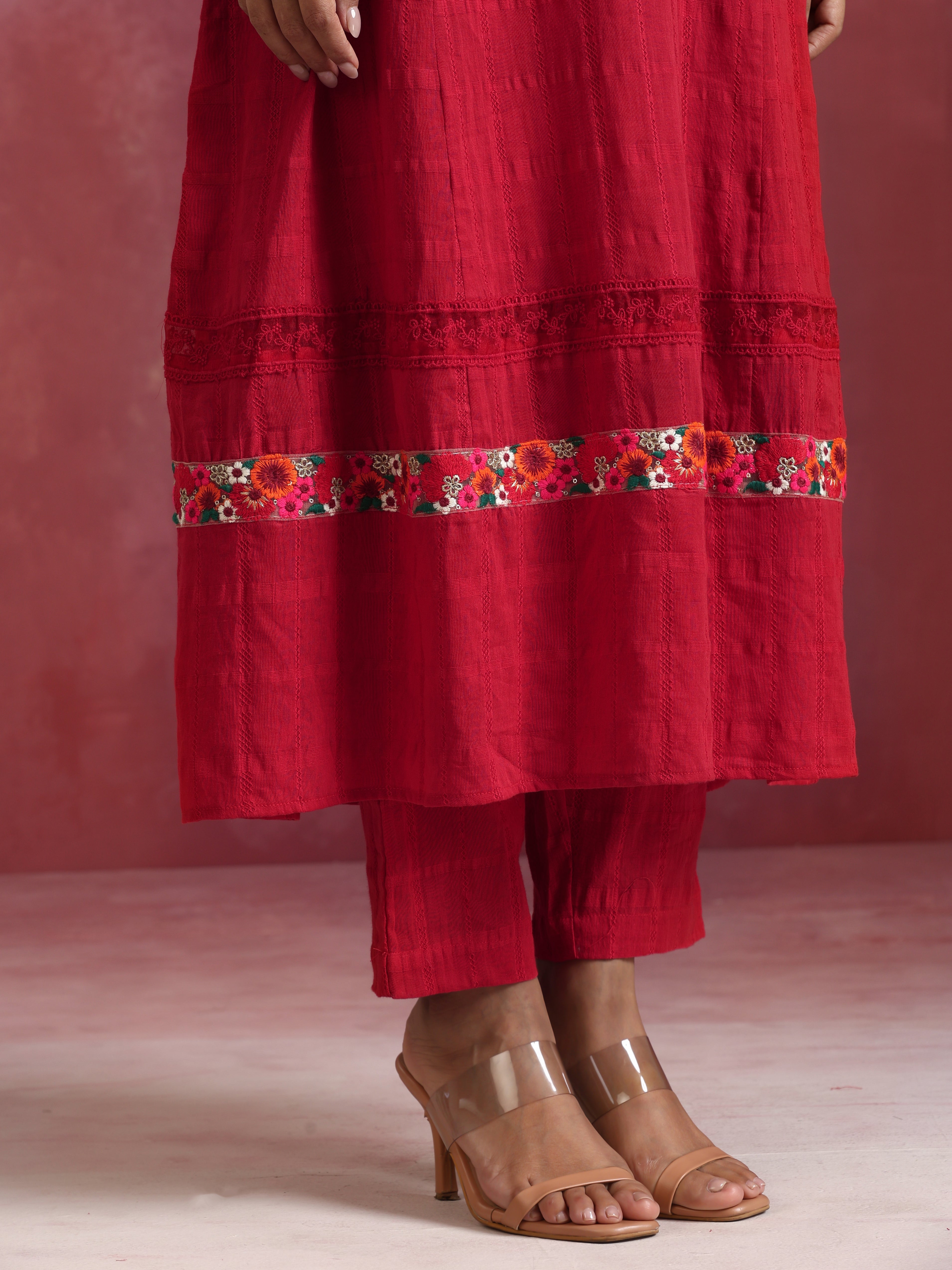 trueBrowns Red Cotton Dobby Flared Kurta Set - Distacart