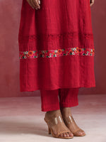 Thumbnail for trueBrowns Red Cotton Dobby Flared Kurta Set - Distacart