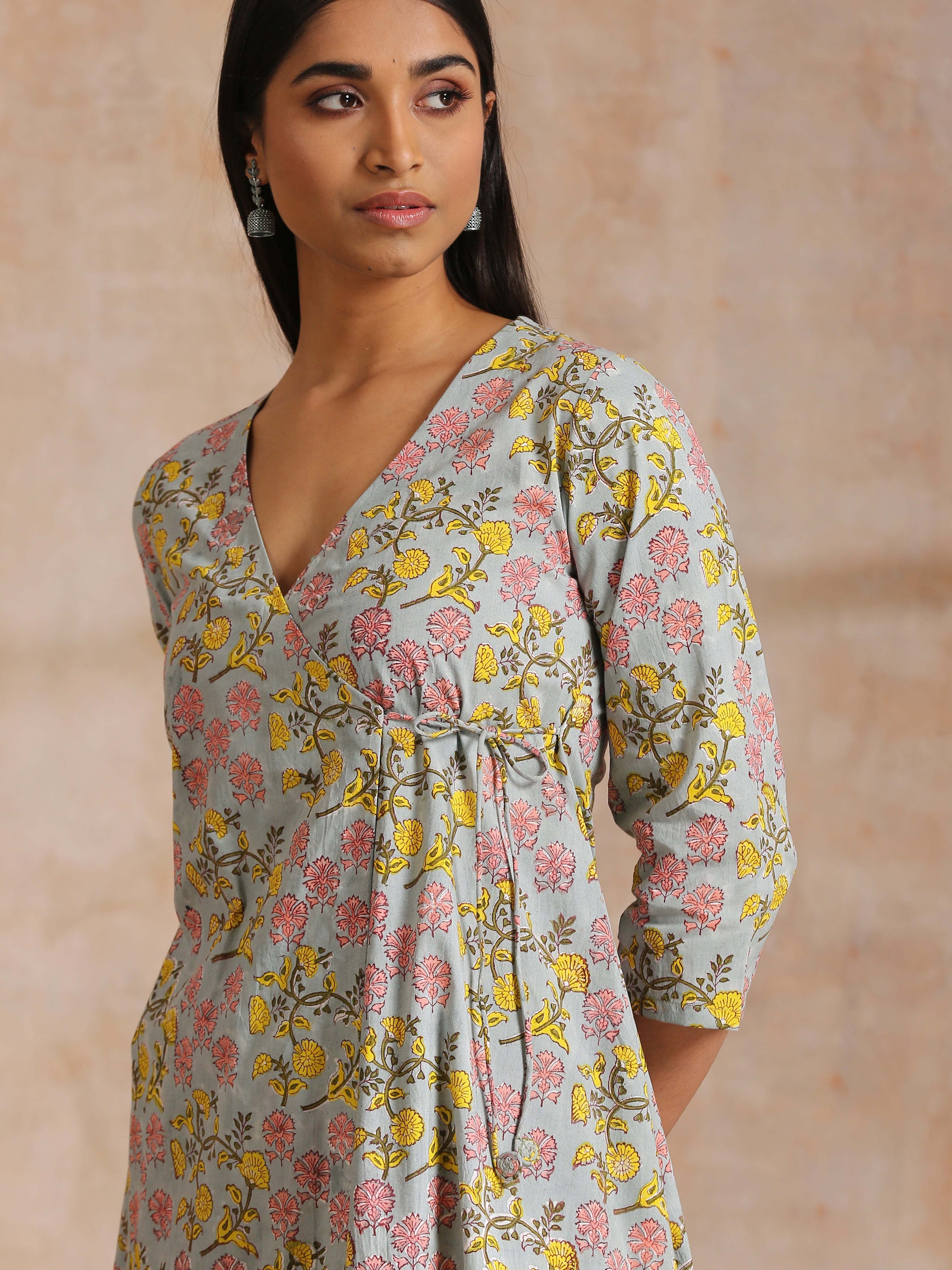 trueBrowns Grey Overall Floral Block Print Cotton Angrakha Kurta Pant Set - Distacart