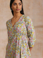 Thumbnail for trueBrowns Grey Overall Floral Block Print Cotton Angrakha Kurta Pant Set - Distacart