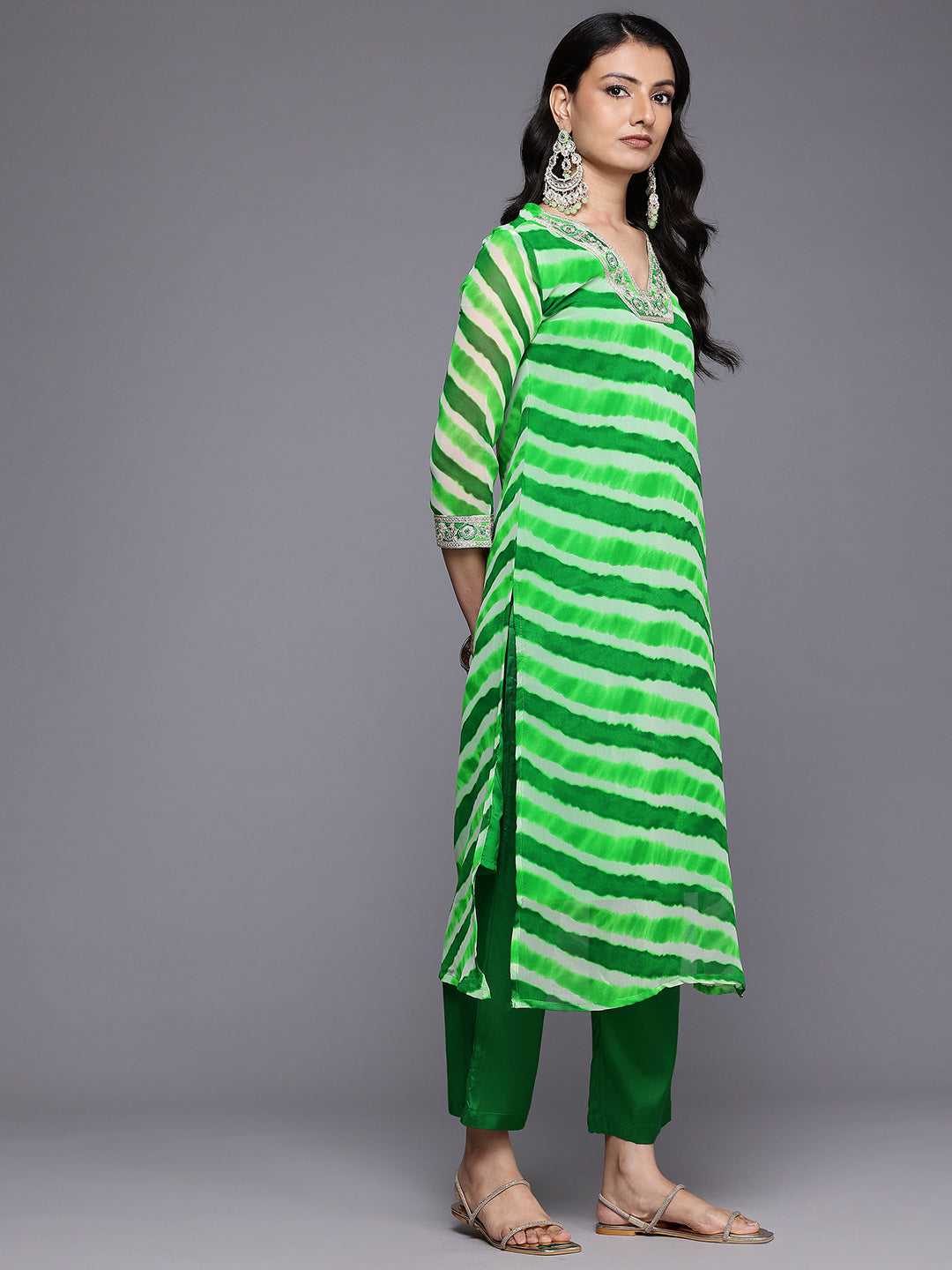 Varanga Women Green Leheriya Zari And Sequins Embroidered Kurta Set With Dupatta - Distacart
