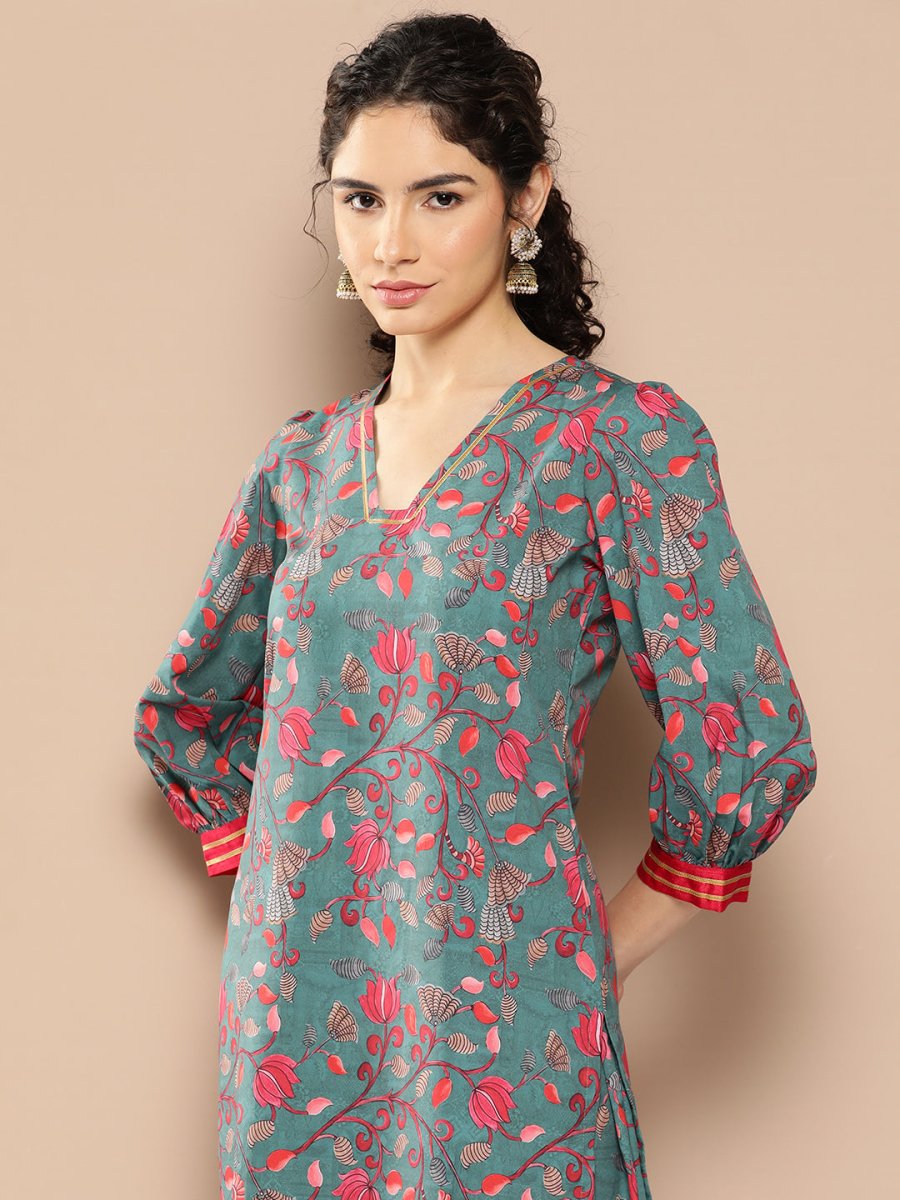 Ahalyaa Women Floral Printed Regular Gotta Patti Kurta with Trousers - Distacart