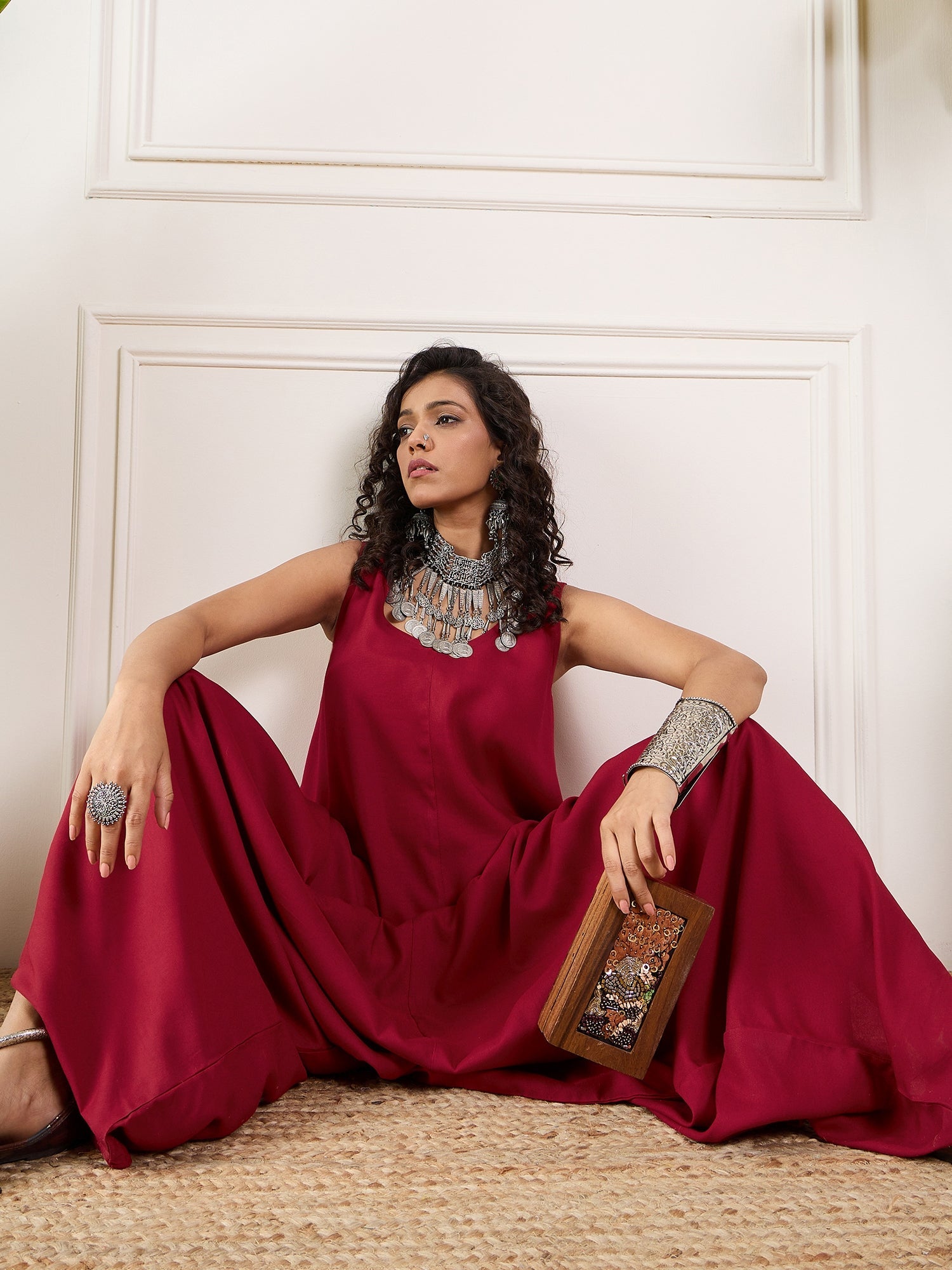 InWeave Maroon Round Sleeveless Jumpsuit