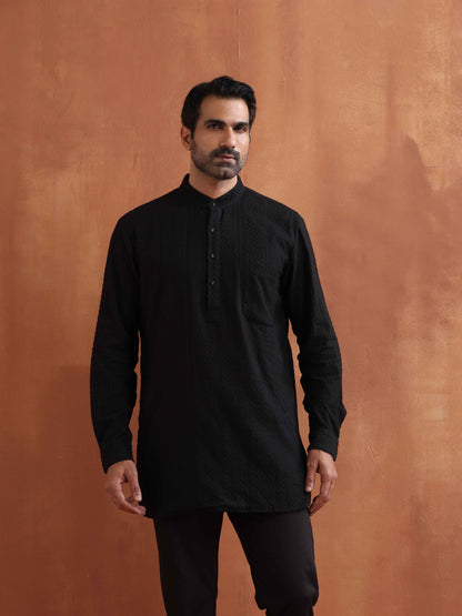 trueBrowns Men's Black Textured Cotton Dobby Short Kurta - Distacart