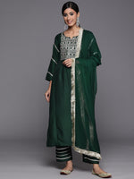 Thumbnail for Varanga Varaanga Green Embroidered Kurta With Tonal Bottom And Tonal Chiffon Dupatta - Distacart