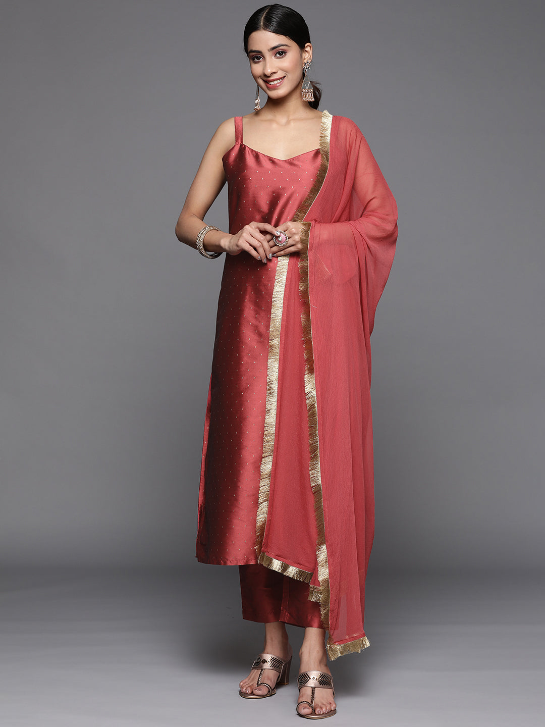 Varanga Women Burgundy Strap Kurta With Tonal Bottom And Tonal Dupatta - Distacart