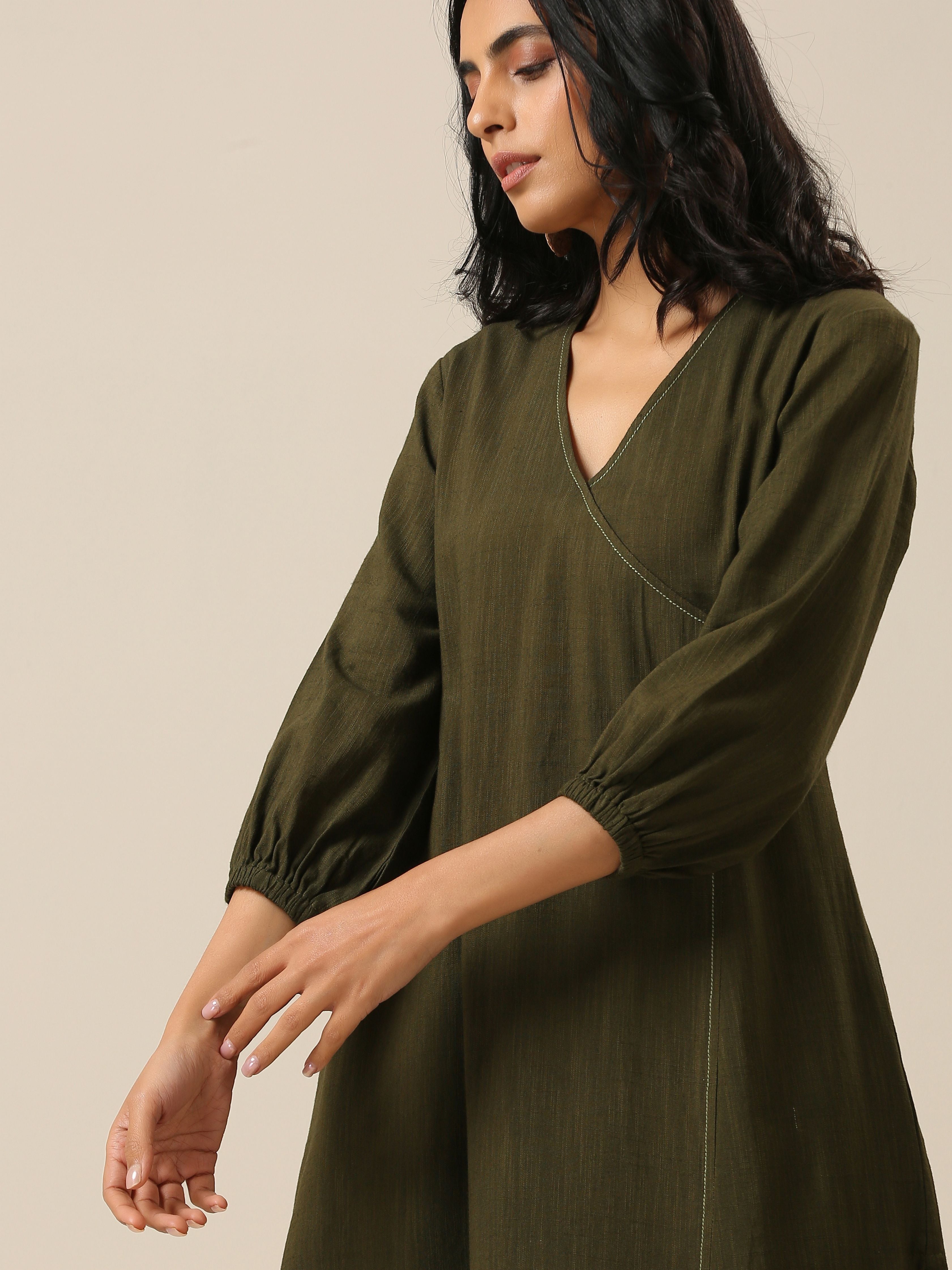 trueBrowns Olive Green Slub Texture Kurta Pant Set - Distacart