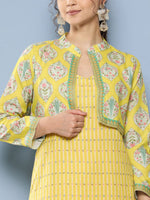 Thumbnail for Ahalyaa Women Yellow Floral Printed Kurta with Trousers & Jacket - Distacart