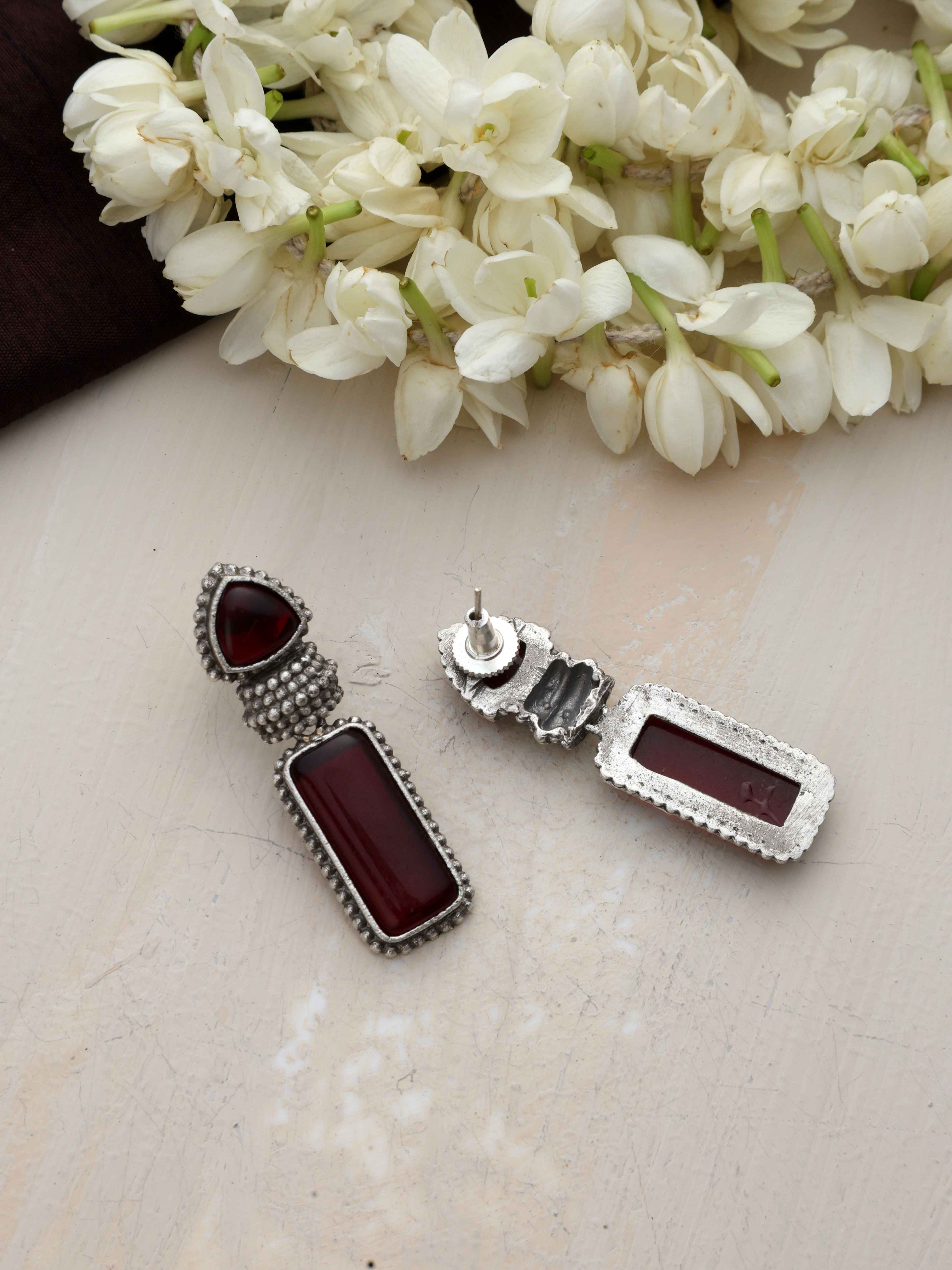 trueBrowns Silver tone Red Stone Drop Earrings - Distacart