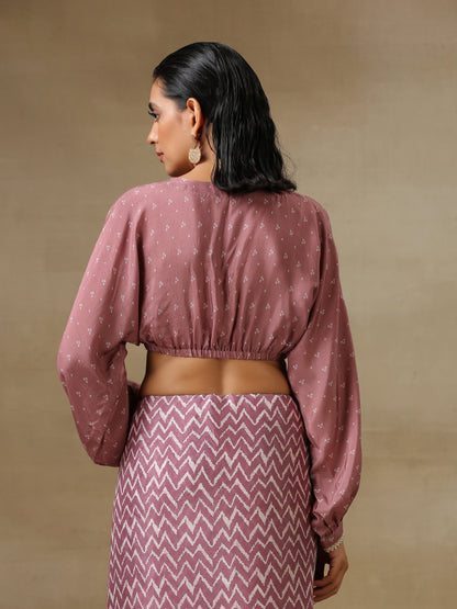 trueBrowns Dark Mauve Bandhani Printed Silk Elasticated Blouse - Distacart