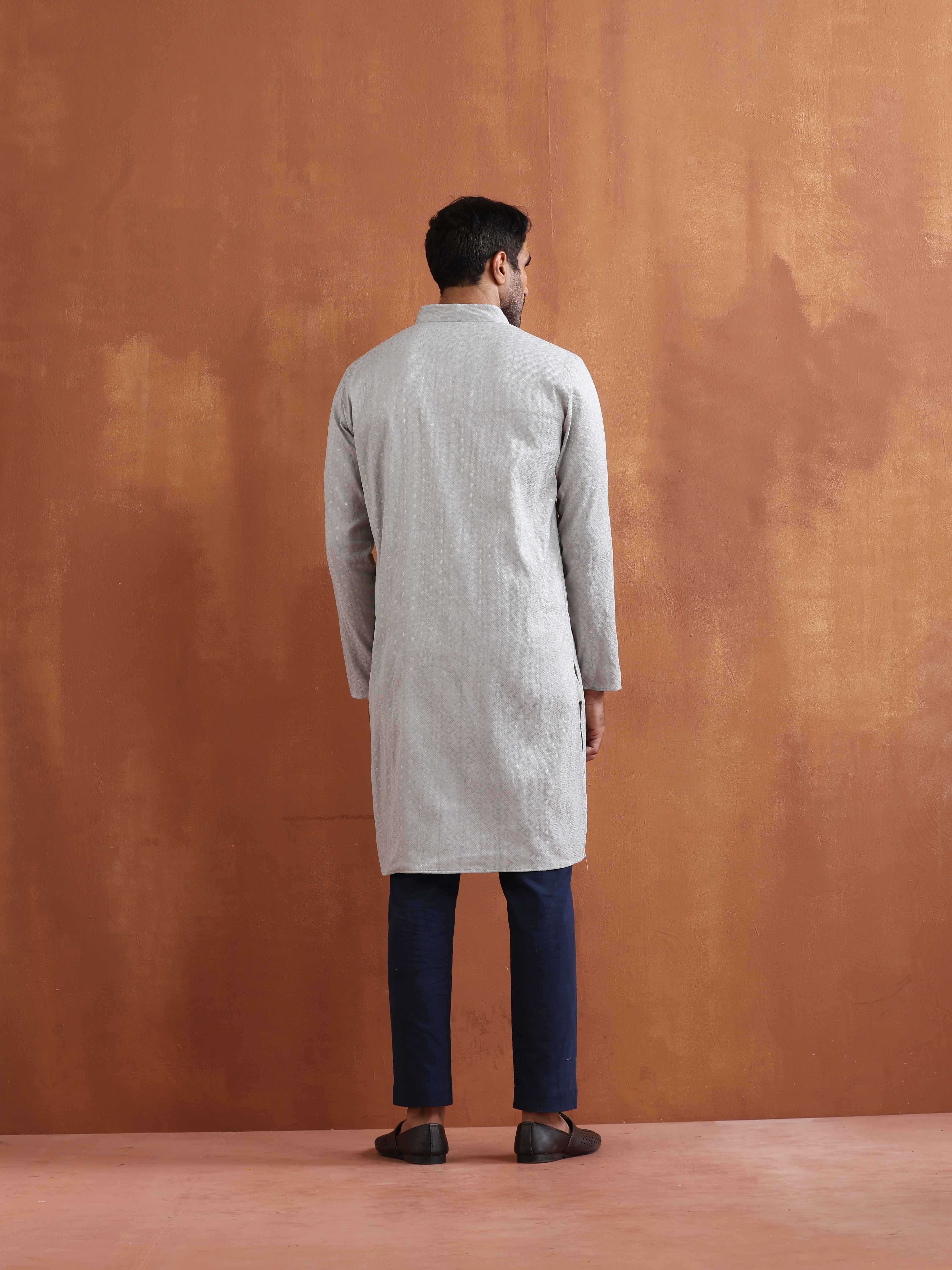 trueBrowns Men's Grey Chanderi Front Open Kurta
