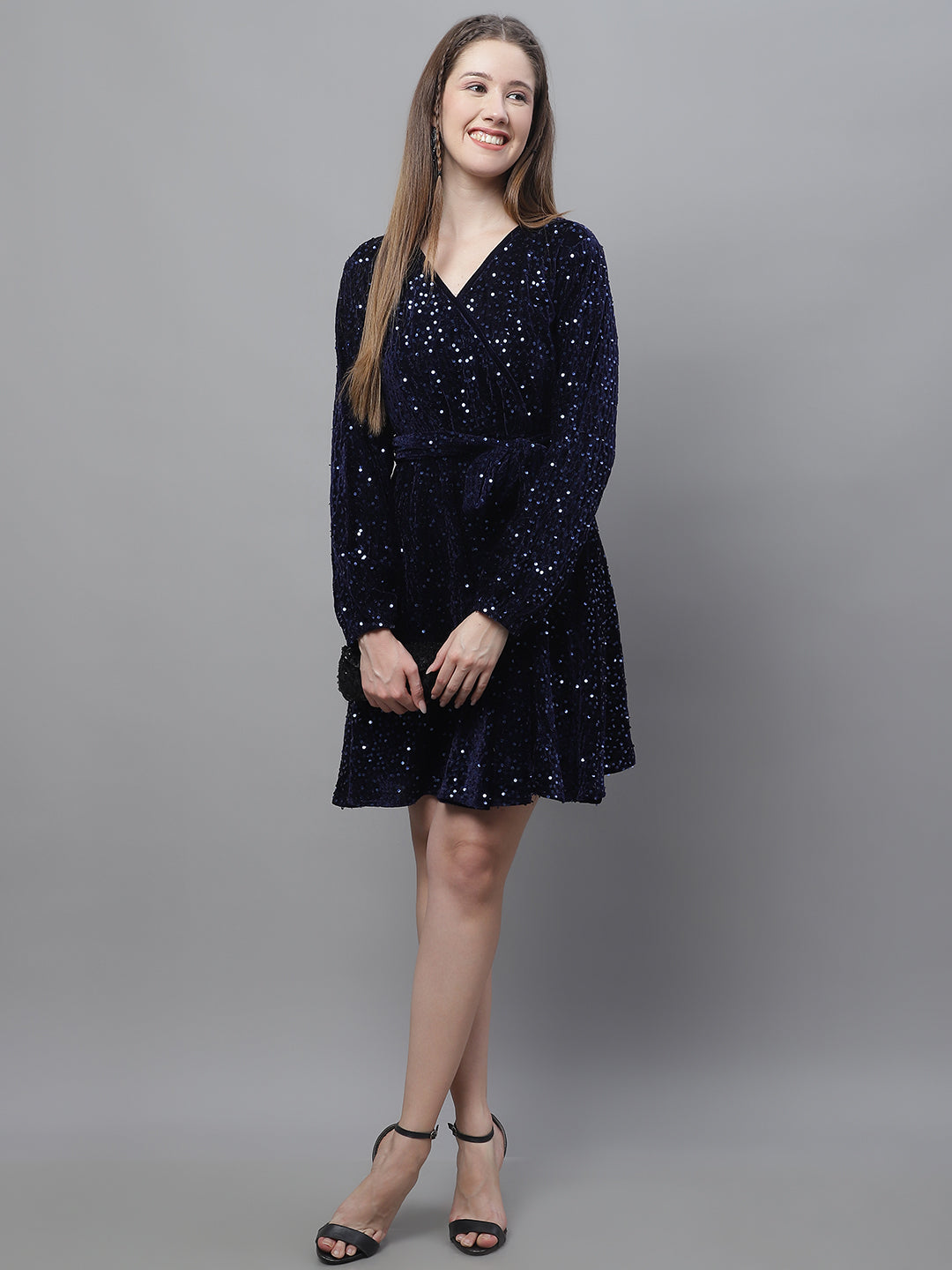 Jainish Women's WoSequin Velvet A-line dress - Navy Blue - Distacart