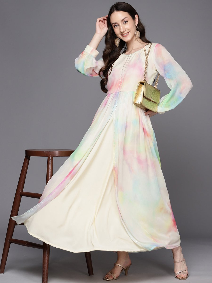 Ahalyaa Abstract Printed Gotta Patti Puff Sleeves Chiffon Maxi Ethnic Dress - Distacart