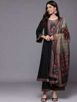 Thumbnail for Varanga Women Black Floral Printed Embellished Anarkali Kurta Paired With Bottom And Printed Dupatta - Distacart