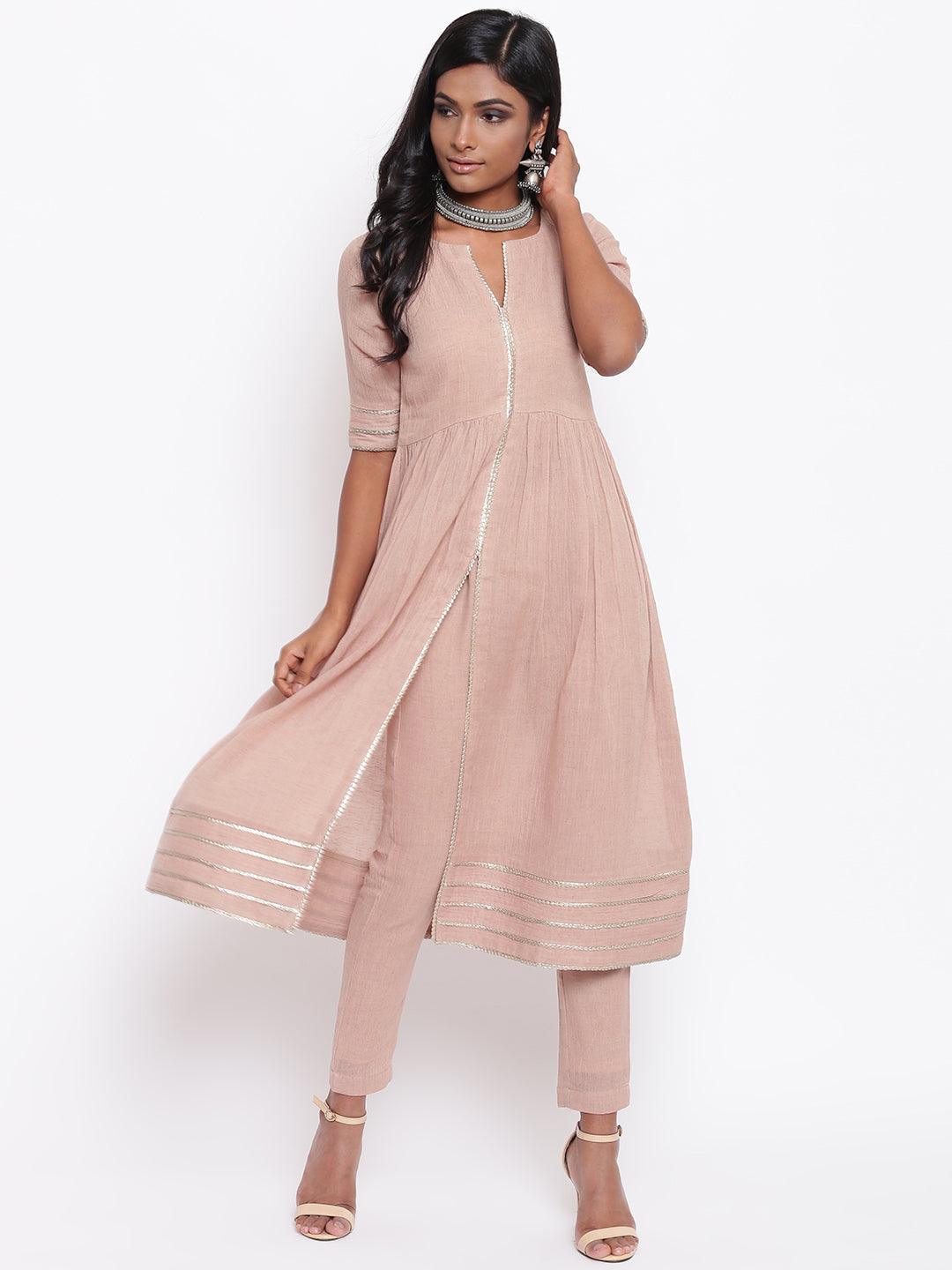 trueBrowns Pure Cotton Beige Gota Slit Kurta Set - Distacart