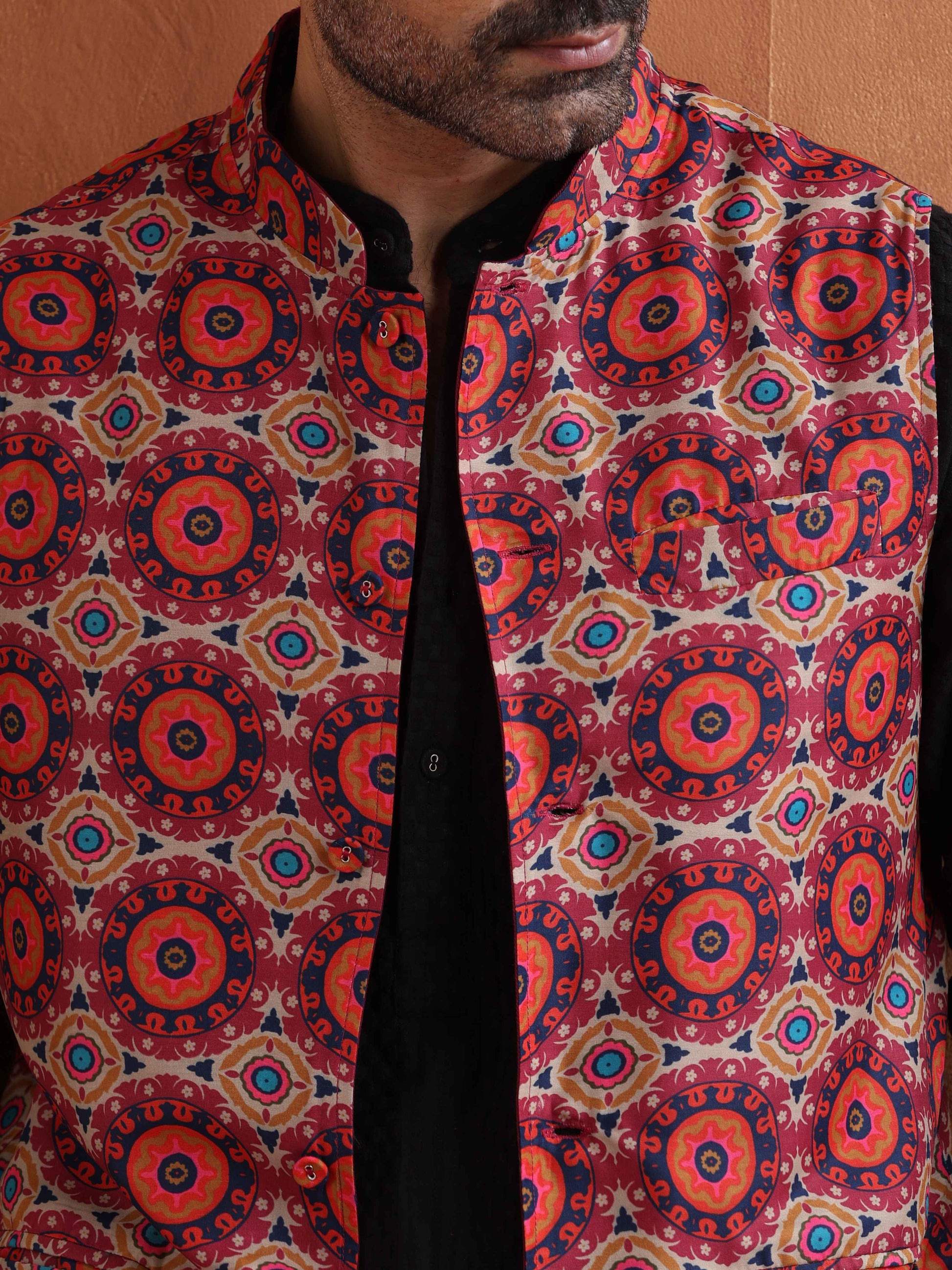trueBrowns Men's Beige Printed Nehru Jacket - Distacart