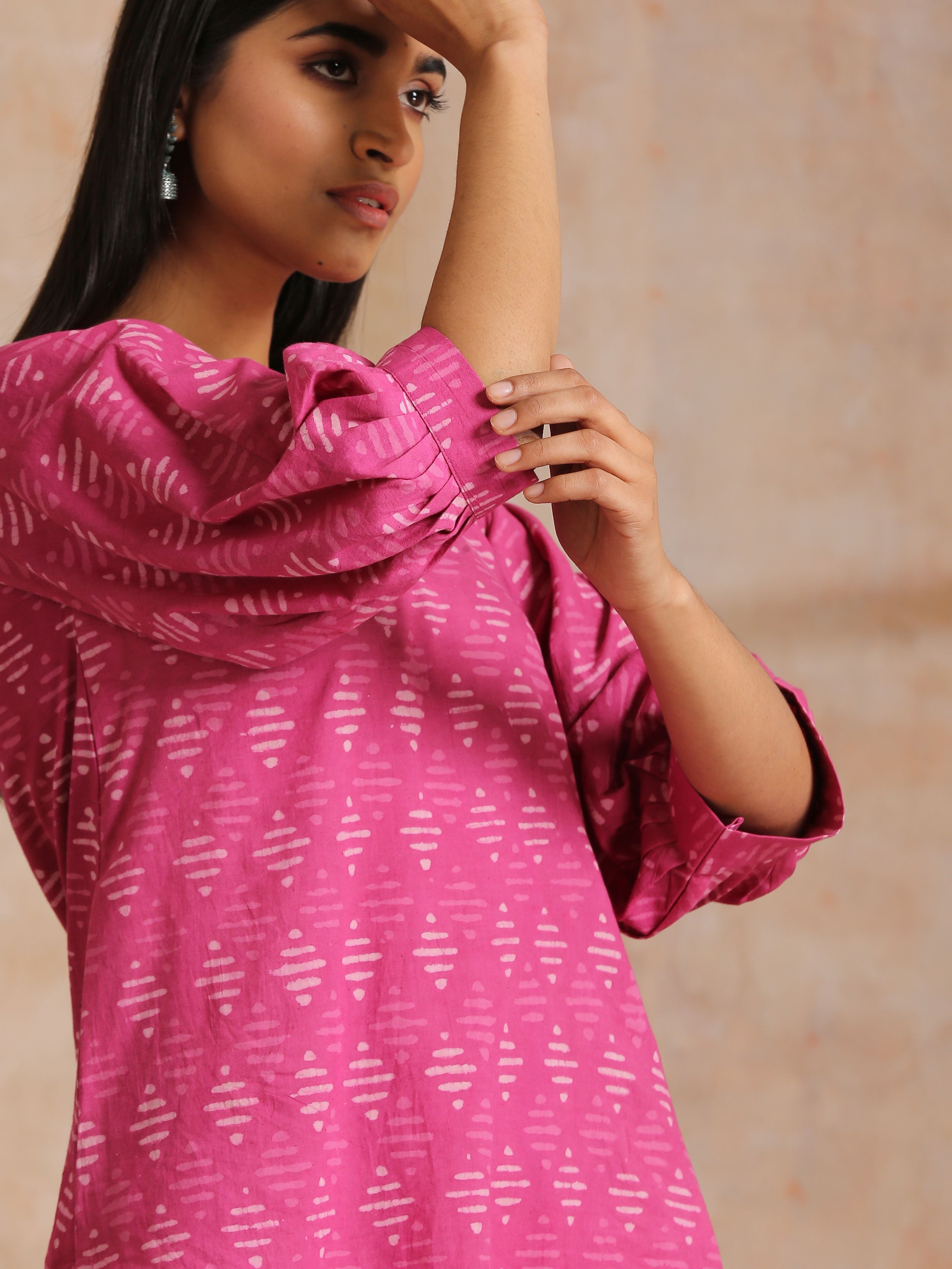 trueBrowns Pink Dabu Print Cotton Baggy Sleeve Co-Ord Set - Distacart