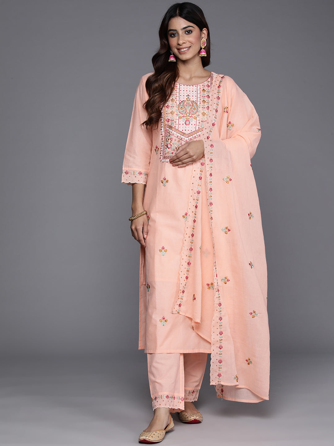 Varanga Women Peach Thread And Sequins Embroidered Kurta With Tonal Bottom And Dupatta - Distacart