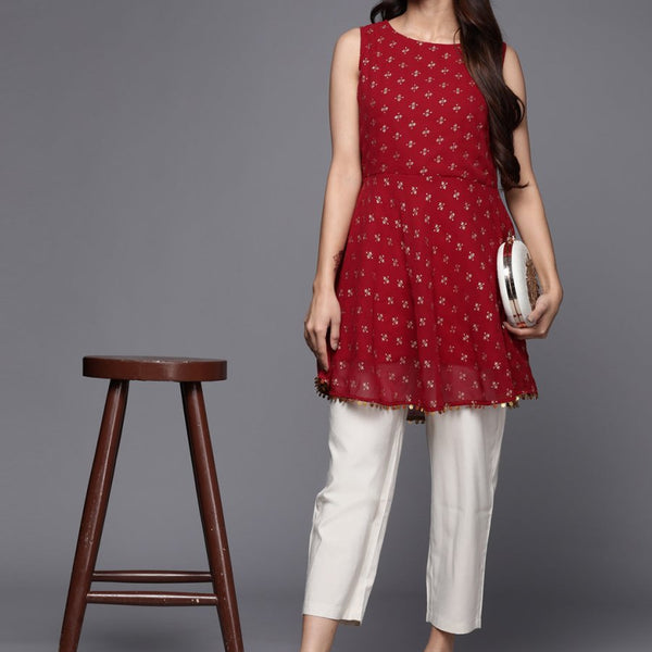Ahalyaa Boat Neck Printed Embellished Tunic - Distacart