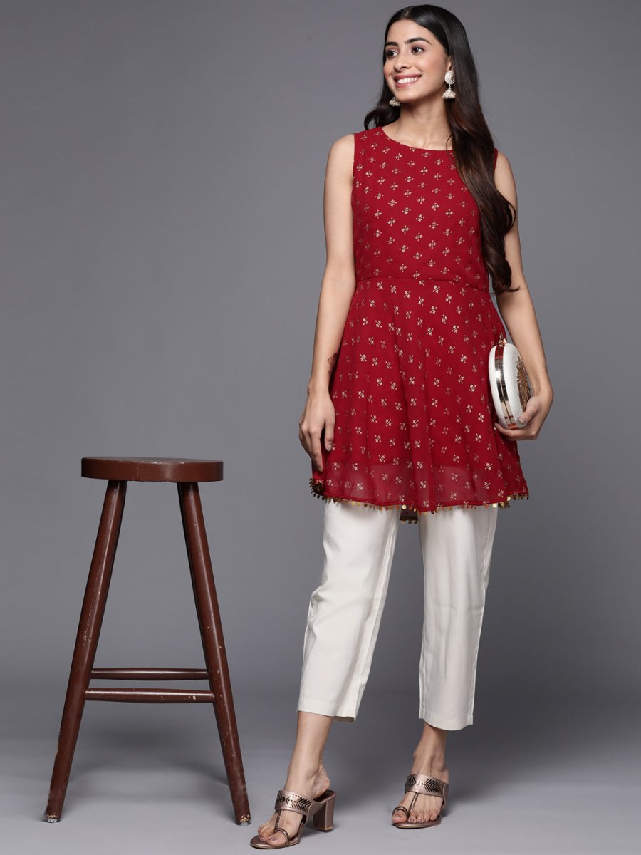 Ahalyaa Boat Neck Printed Embellished Tunic - Distacart