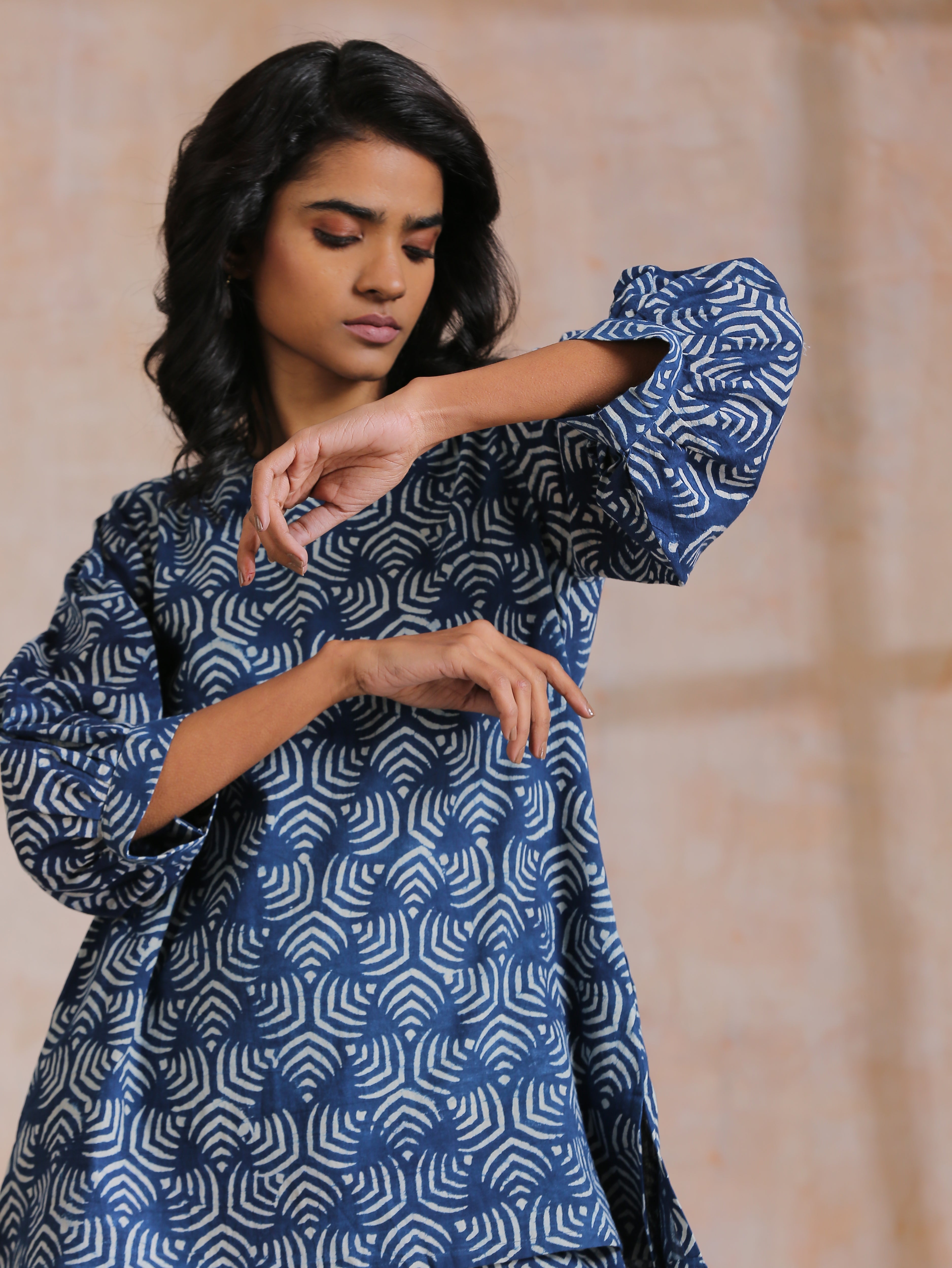 trueBrowns Indigo Dabu Overall Print Cotton Baggy Sleeve Co-Ord Set - Distacart
