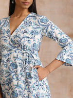 Thumbnail for trueBrowns White With Overall Blue Print Cotton Angrakha Kurta Pant Set - Distacart