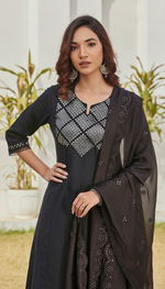 Thumbnail for BulBul Maryam Black Cotton Kurta Set with Dupatta