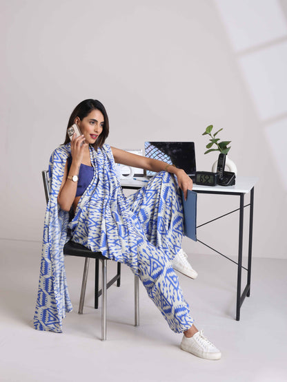 trueBrowns Blue Muslin Ikat Saree - Distacart