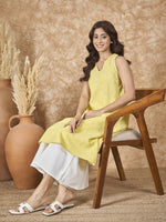 Thumbnail for InWeave Light Yellow V Neck Aline Kurta Set
