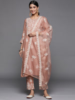 Thumbnail for Varanga Women Mauve Embroidered Kurta Paired With Tonal Trouser And Dupatta