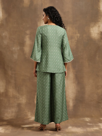 trueBrowns Light Green Bandhani Printed Silk Co-Ord Set - Distacart