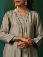 Thumbnail for trueBrowns Grey Silk Front Gathered Kurta Pant Set - Distacart