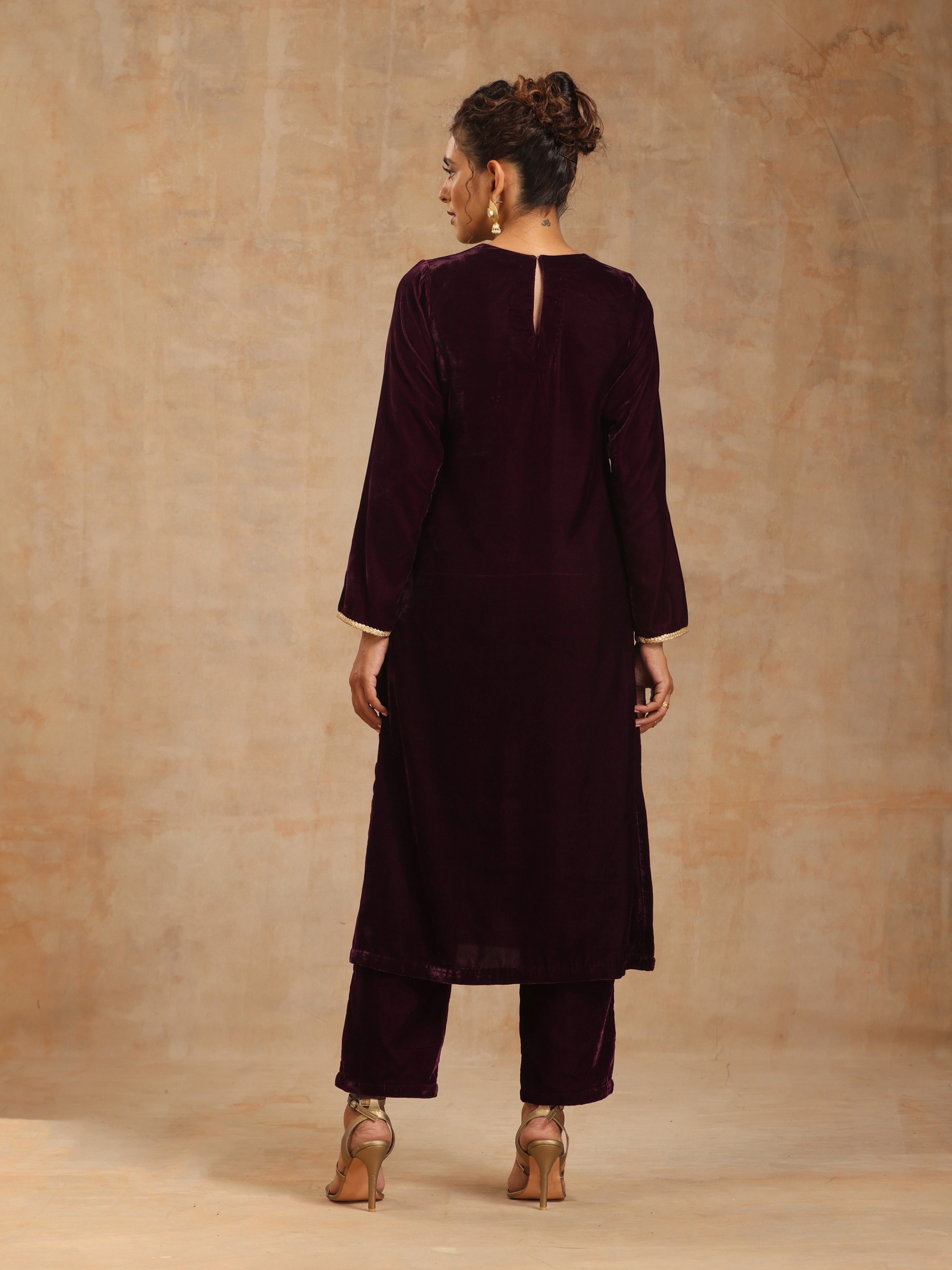 trueBrowns Wine Velvet Yoke Embroidered Kurta - Distacart
