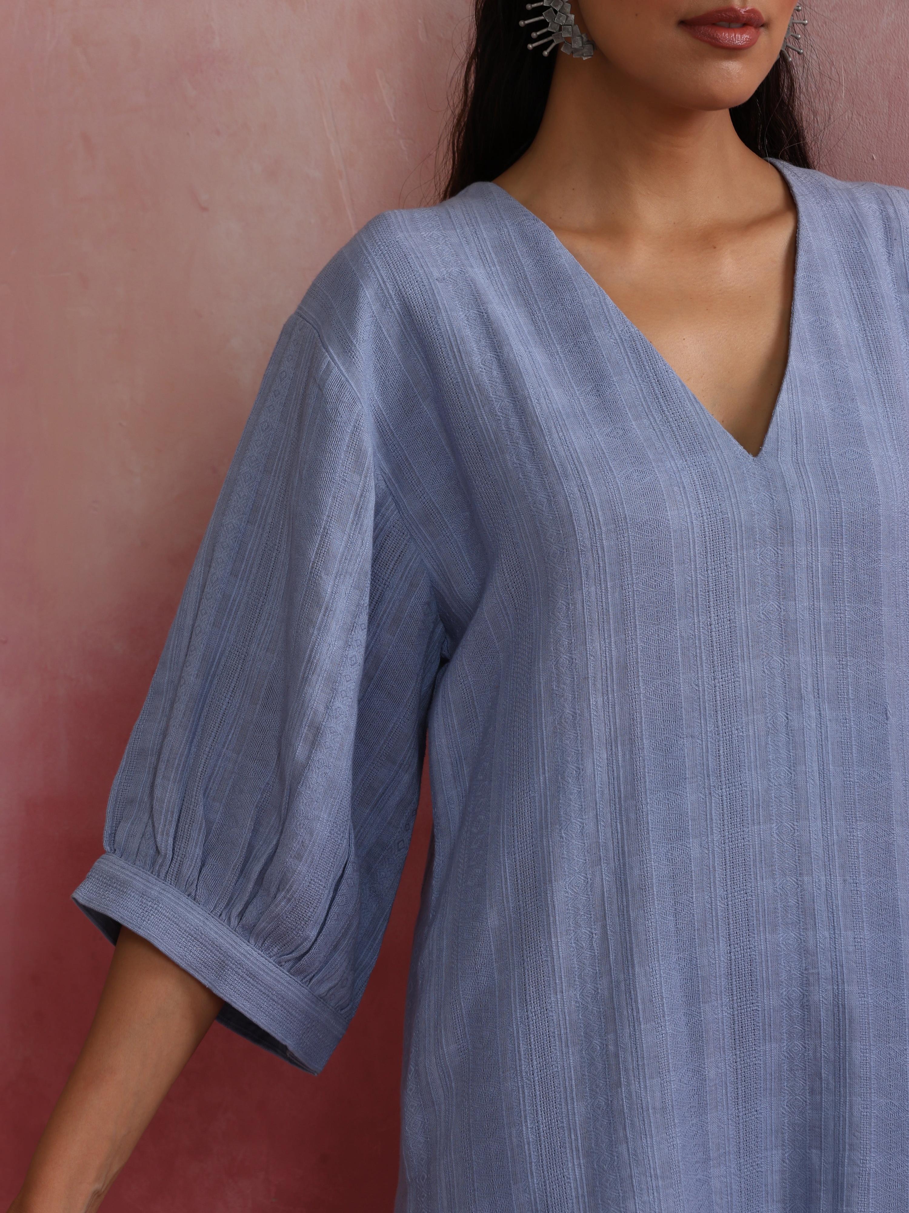trueBrowns Sky Blue Cotton Dobby Dress - Distacart