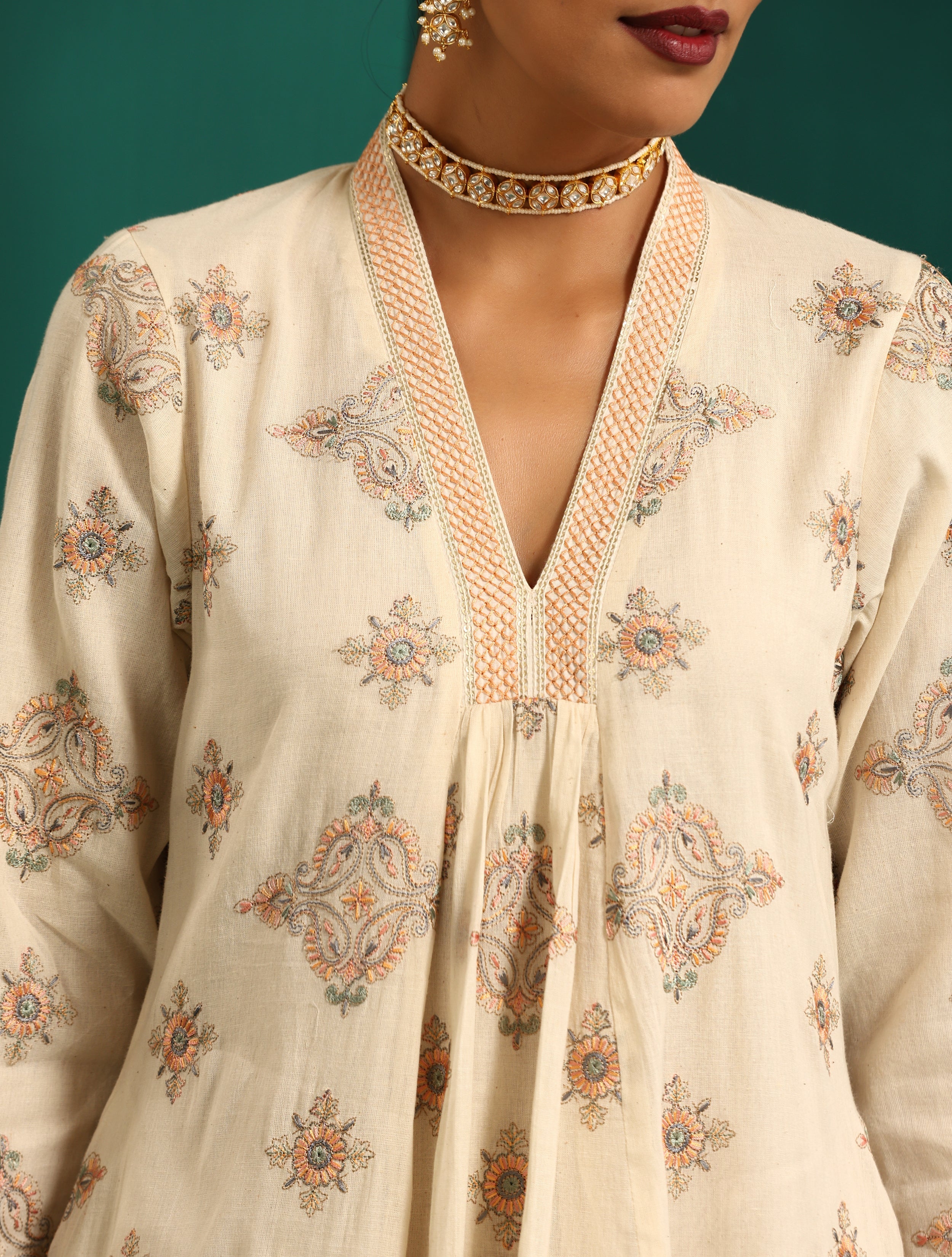 trueBrowns Ivory Peach Cotton Front Gathered Kurta Pant Set - Distacart