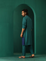 Thumbnail for trueBrowns Men's Blue Color Block Silk Long Kurta - Distacart
