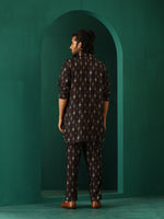 Thumbnail for trueBrowns Men's Black Tonal Ikat Muslin Silk Printed Co-ord Set - Distacart