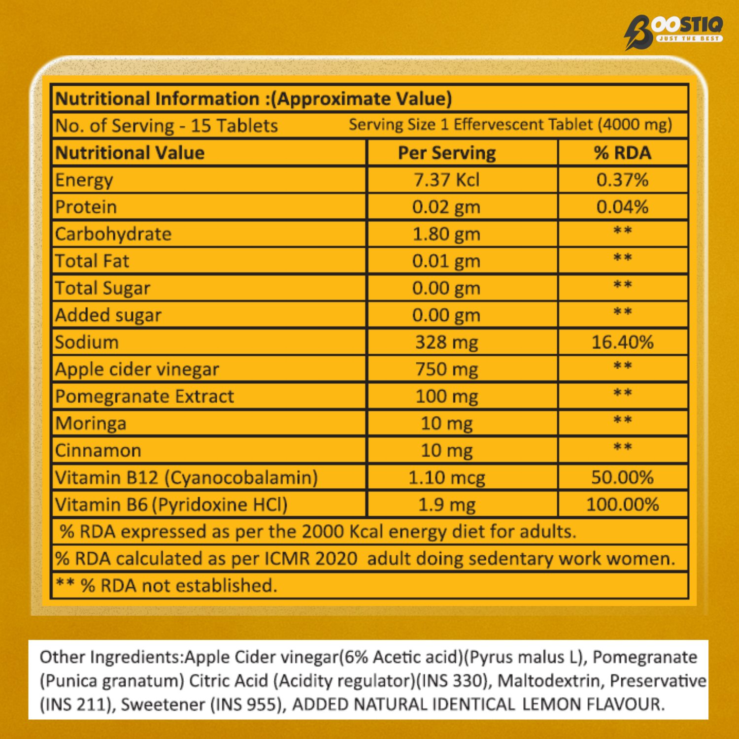 BOOSTIQ ACV Moringa & Cinnamon Effervescent Tablets - Lemon Flavour - Distacart