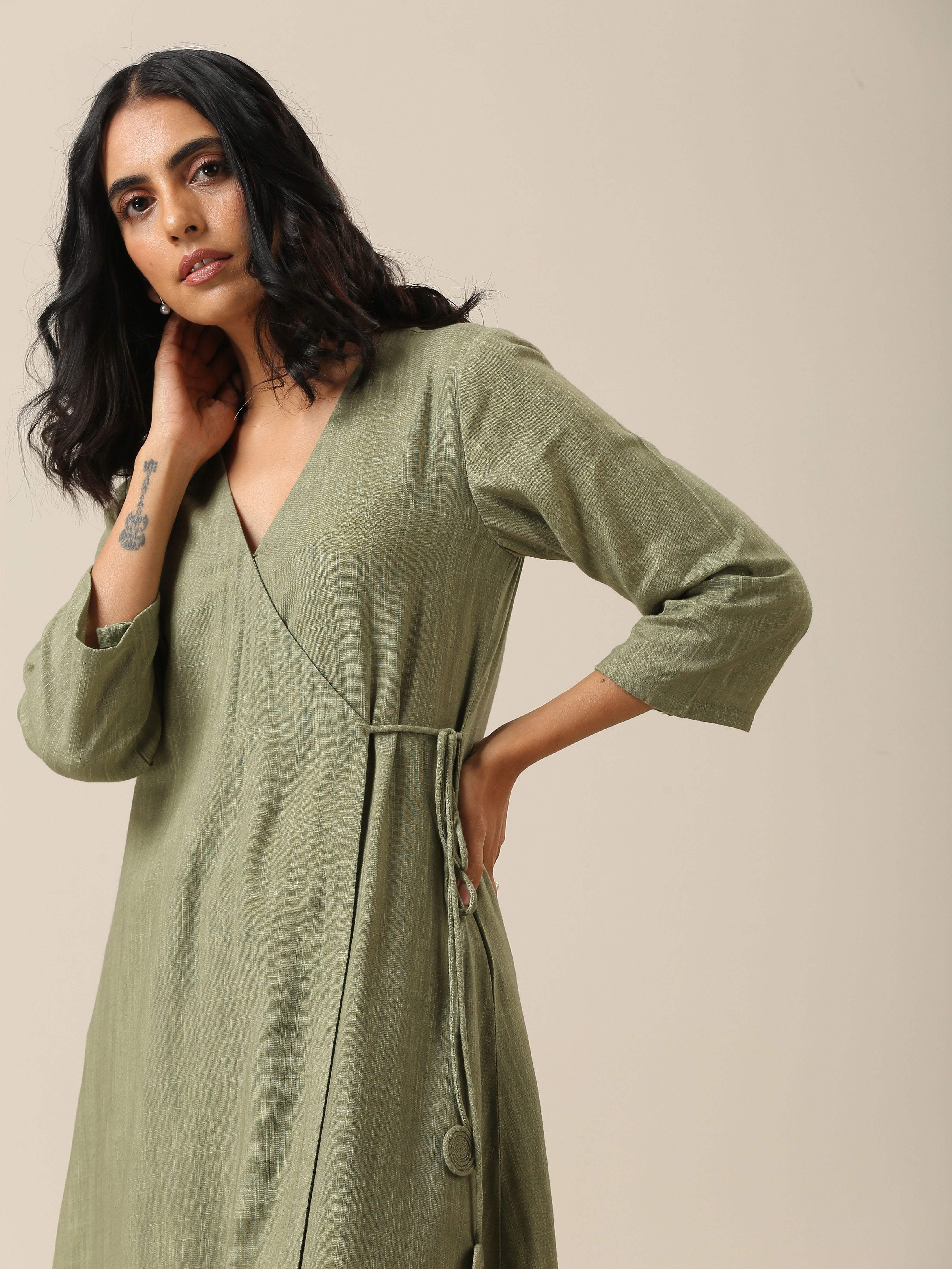 trueBrowns Sage Slub Texture Angrakha Pant Set | Relove
