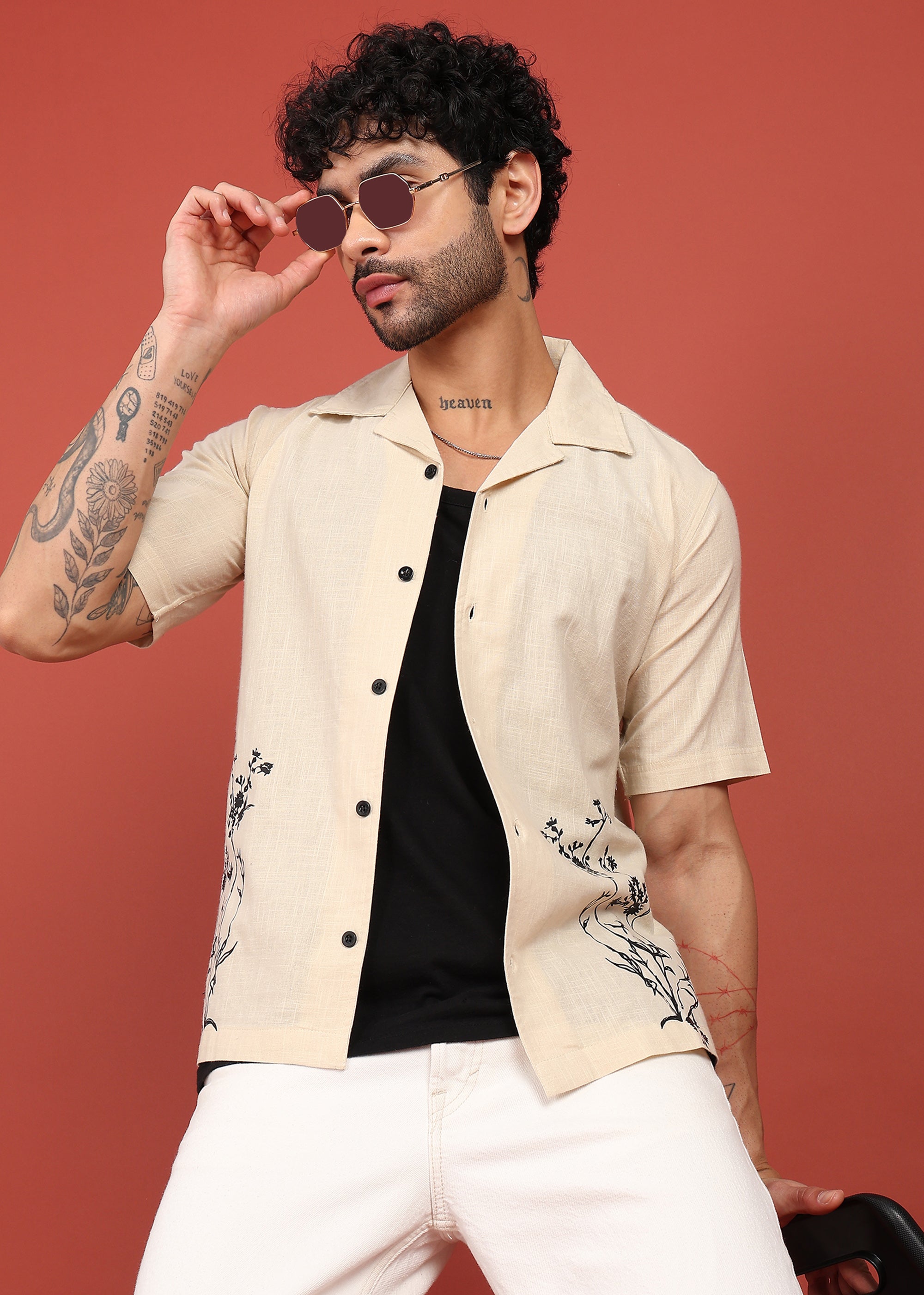 Fabmade Beige Bloom Embroidered Resort Shirt - Distacart