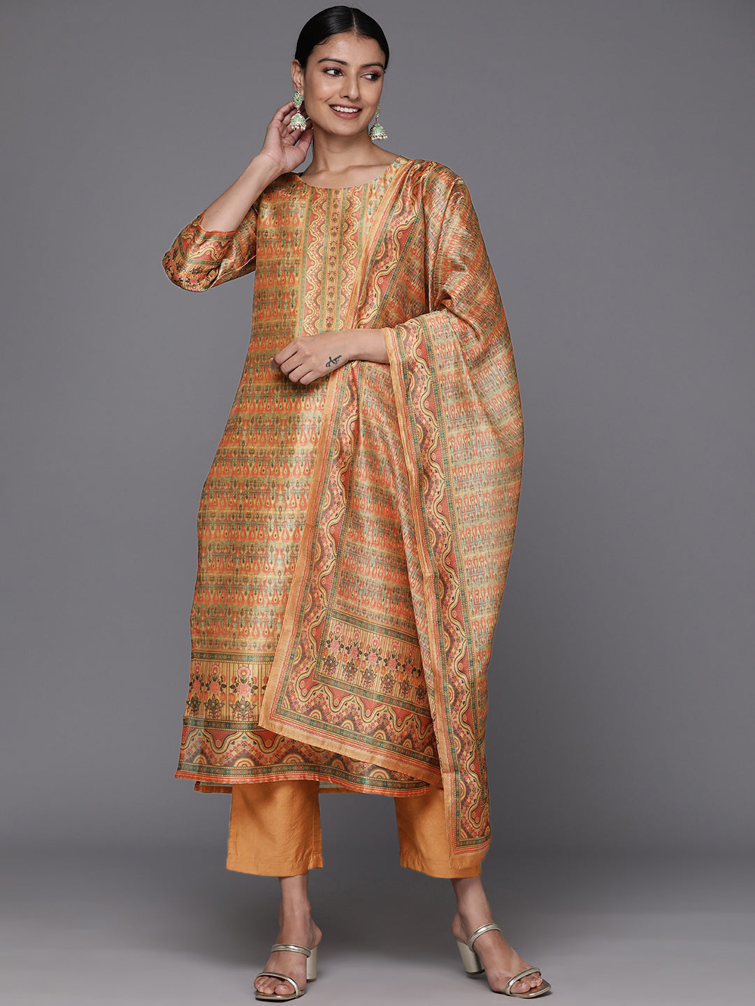Varanga Women Coral Printed, Straight Kurta Paired With Tonal Bottom And Printed Dupatta - Distacart