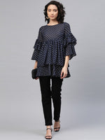 Thumbnail for Ahalyaa Women Navy Blue & Golden Polka Dots Print Tiered Beautiful Tunic