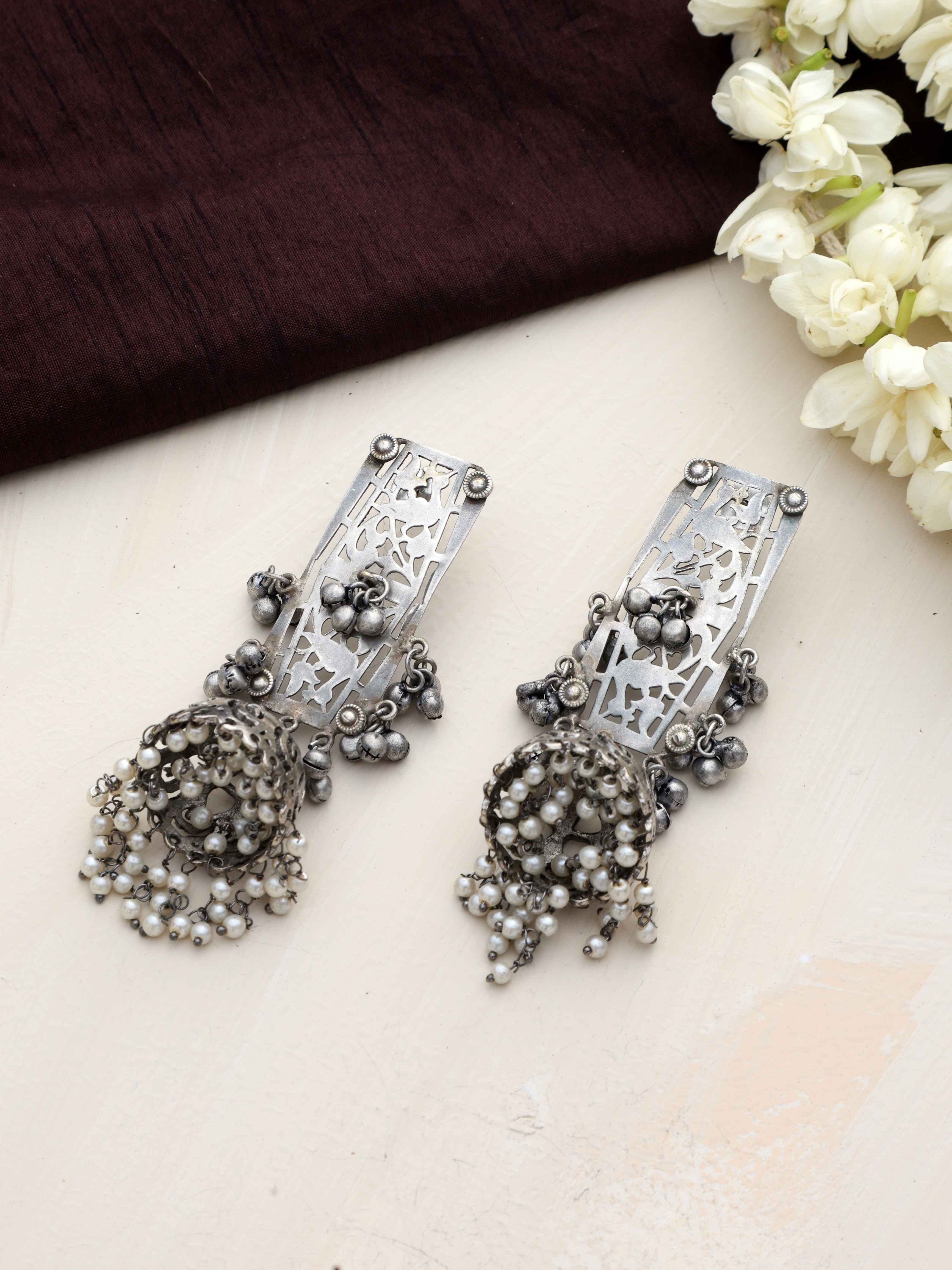 trueBrowns Silver Tone Floral Jhumka Earrings - Distacart
