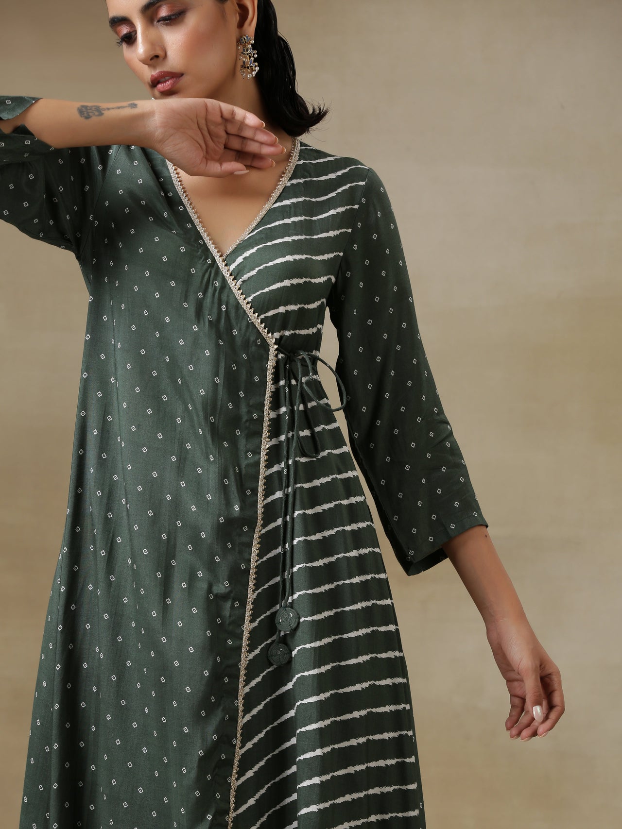 trueBrowns Dark Green Bandhani Printed Silk Angrakha Kurta Pant Set - Distacart