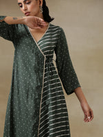Thumbnail for trueBrowns Dark Green Bandhani Printed Silk Angrakha Kurta Pant Set - Distacart