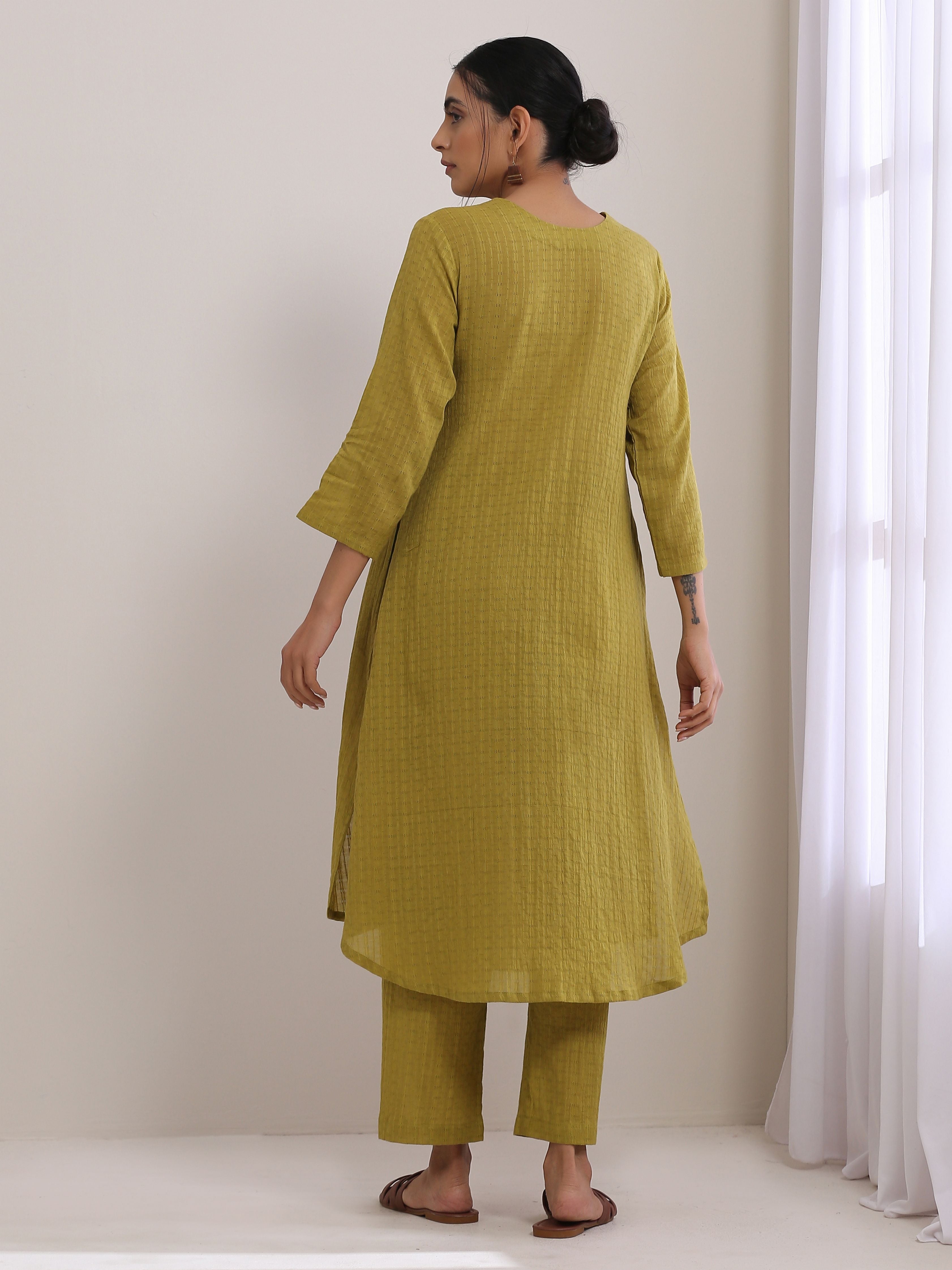 trueBrowns Avacado Green Dobby Flared Slit Kurta Pant Set - Distacart
