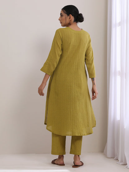 trueBrowns Avacado Green Dobby Flared Slit Kurta Pant Set - Distacart