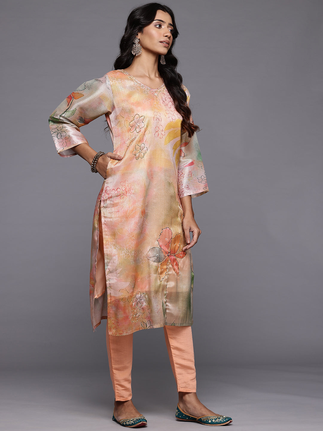 Varanga Women Peach Silk Floral Printed Beads And Stones Embellished Kurta Set With Dupatta - Distacart