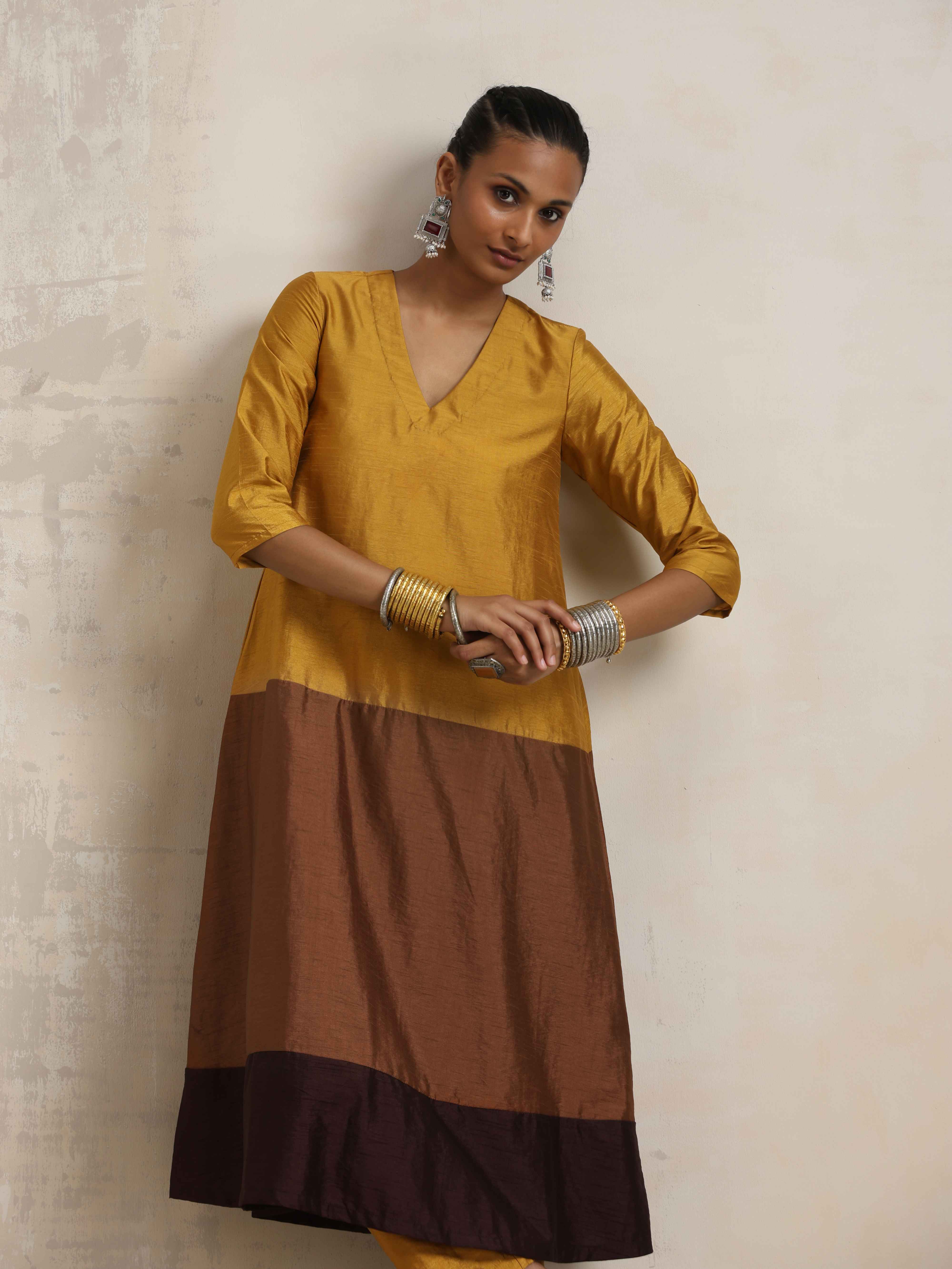 trueBrowns Gold Brown Silk A-line Kurta Set - Distacart