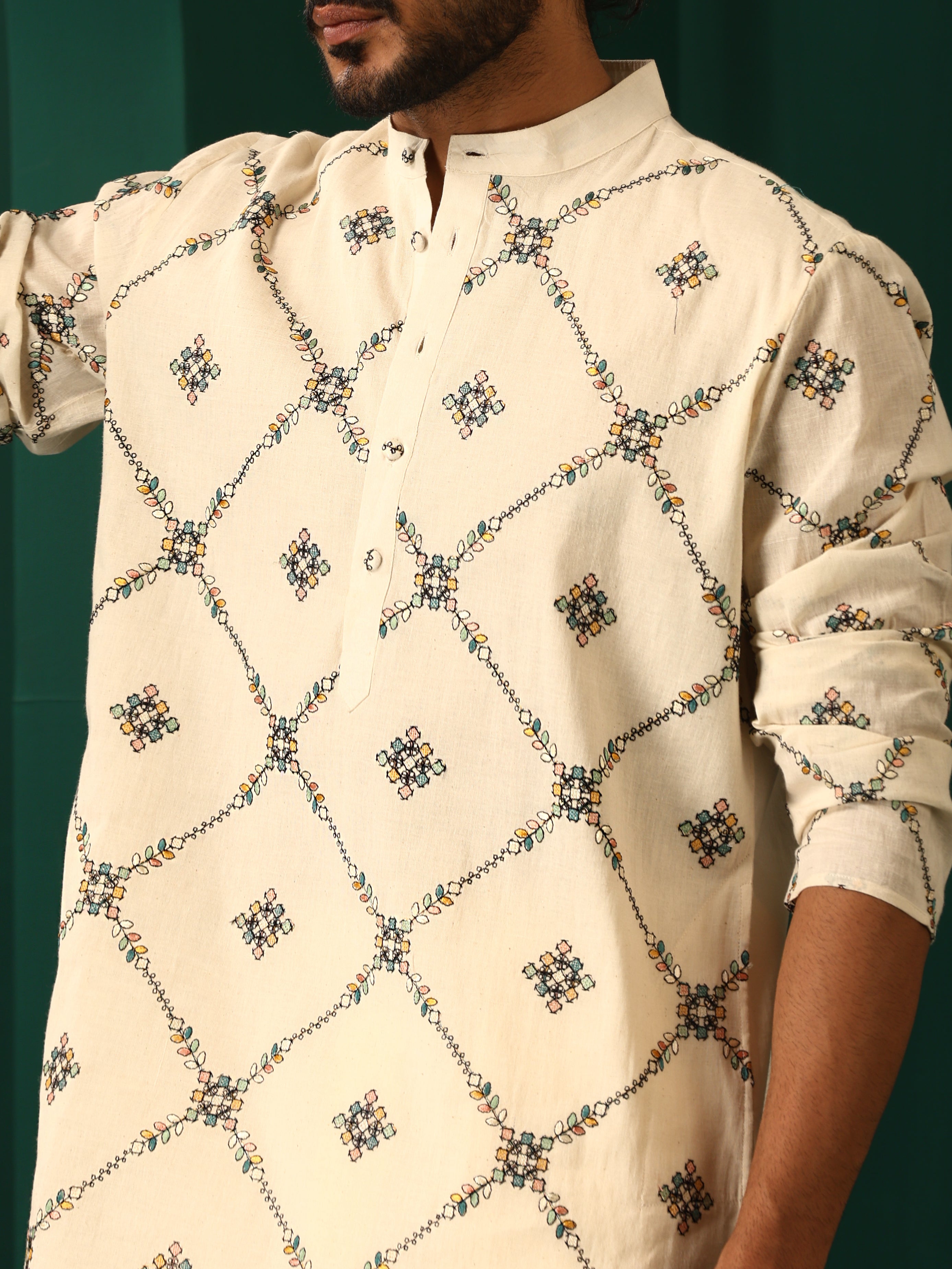 trueBrowns Men's Ivory Rhombus Cotton Kurta - Distacart